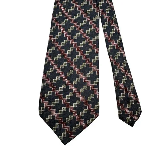 Claiborne Geometric Pattern Men's Silk Tie Red & Navy Vintage - Picture 2 of 5